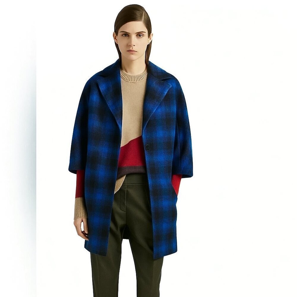 Thakoon Addition Runway Buffalo Plaid Wool Coat Sample Blue Black